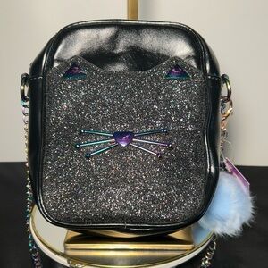 Girl’s Black Glitter Cat Face Faux Leather Crossbody 7”x 6” x 3” NWOT